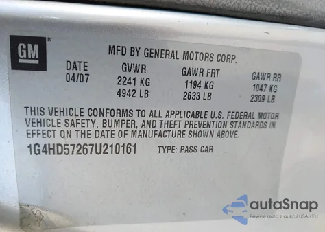 2007 Buick Lucerne Cxl z USA, uszkodzony, nr VIN 1G4HD57267U210161